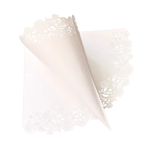 Laser-cut ivory white paper cone for wedding flower petals with rose lace design