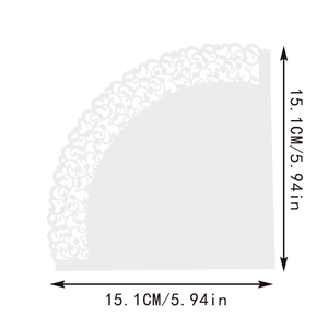 Detailed size chart of white hollow lace cone paper measuring 15.1cm or 5.94in for weddings