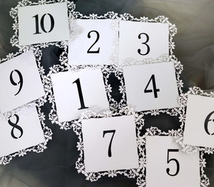Detailed macro view of laser-cut lace border on white paper wedding table number cards