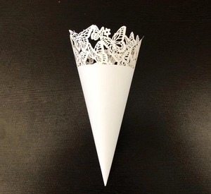 Laser cut white paper confetti cone with detailed 3D butterfly lace for wedding favors