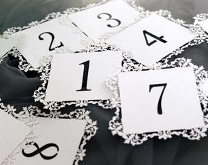 Elegant laser-cut lace table number cards for weddings featuring numbers 1 to 10 on white card