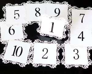 Set of 1-10 white laser-cut lace table numbers for wedding and banquet events