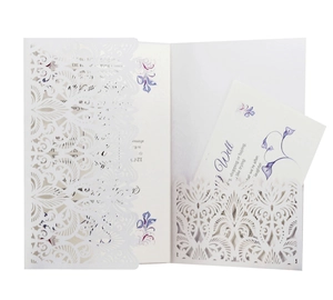 Detailed laser cut white floral wedding invitation cover with purple calla lily inner card