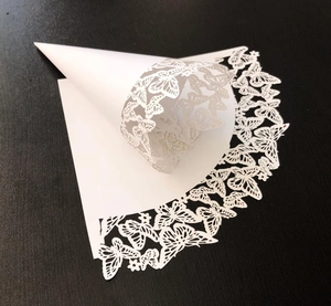 Detailed laser cut butterfly hollow patterns on white paper wedding confetti cones