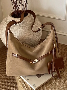 Women Large Capacity PU Leather Hobo Bag Retro Suede Texture Shoulder Crossbody Bag Stitched Tote With Elephant Charm