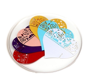 Laser cut heart shaped seat cards with hollow rose pattern in six assorted colors