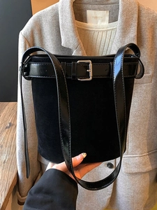 Retro PU Leather Suede Texture Bucket Bag For Women Belt Buckle Crossbody Bag Casual Daily Commuting Single Shoulder Bag