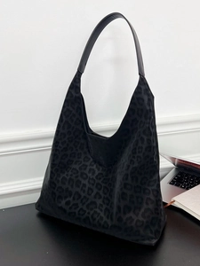 Retro dark leopard print tote bag with black leather handles and large capacity