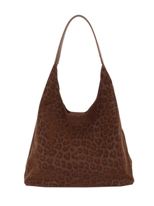 Large leopard print faux suede hobo shoulder bag with brown top handle on white background