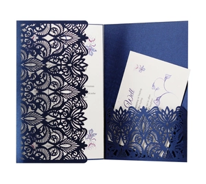 Navy blue laser cut wedding invitation set with floral inner card and mandala pattern