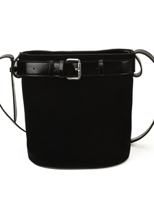 Chic black bucket bag with silver belt buckle detail and matte suede finish