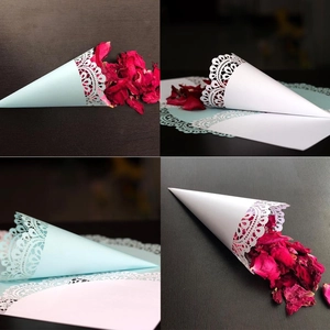 Cornets de Confettis de Mariage en Papier Creux Découpe Laser Dentelle Blanc Bleu Clair Cornets en Papier Kraft pour Pétales Riz Décoration de Mariage