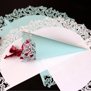 Laser cut butterfly hollow confetti cone in light blue for wedding rose petals