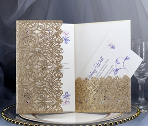 Elegant rose gold glitter laser cut wedding invitation set with floral hollow pattern