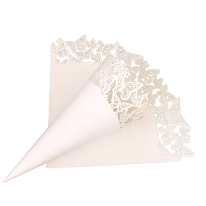 Laser-cut white butterfly paper confetti cone for weddings showing flat and rolled states