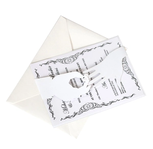 Laser cut wedding invitation card with hands hugging design and matching envelope