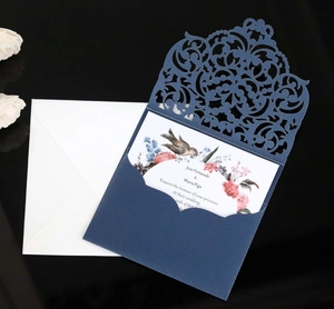 Detail of laser-cut navy blue lace invitation card with watercolor floral inner card