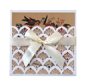 Laser cut invitation card with cream satin ribbon and vintage bird floral illustration