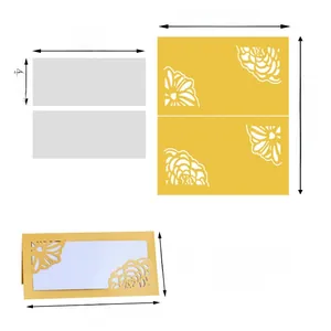 Detailed dimensions of laser-cut gold floral wedding place cards with white inner card