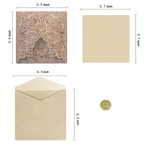 Detailed components of laser cut invitation set with dimensions and golden seals