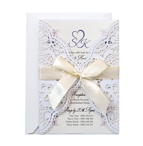 Lace laser cut wedding invitation with ivory hollow cover and satin ribbon bow set