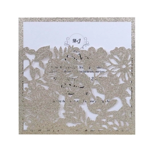 Champagne gold glitter laser cut rose wedding invitation with floral hollow sleeve