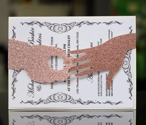 Rose gold glitter laser-cut wedding invitation band with hand ring silhouette design