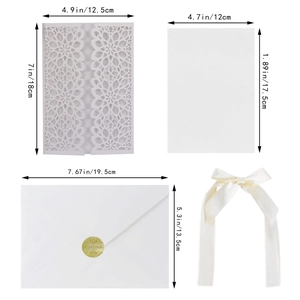 Laser cut wedding invitation set with dimensions showing cover, inner card, and envelope