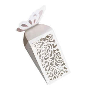 Elegant pearl white laser cut wedding candy box with butterfly top and rose patterns
