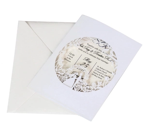 Detailed laser-cut floral pattern and elegant typography on white wedding invitation card