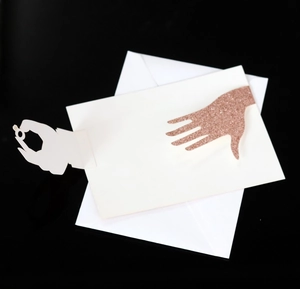 3D pop-up laser cut wedding invitation card featuring a glittery hand holding a ring