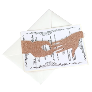 Rose gold glitter laser-cut wedding invitation set with ring silhouette and envelope