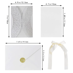 Detailed size guide for laser-cut floral wedding invitations with envelope and ribbon