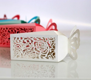 Macro shot of laser-cut rose patterns and butterfly closure on elegant gift boxes