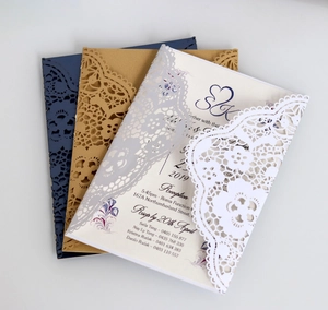 Laser cut lace wedding invitation cards set in navy blue, gold and white colors