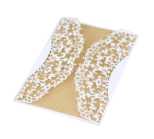 Laser cut lace invitation card with white vine pattern and kraft paper insert