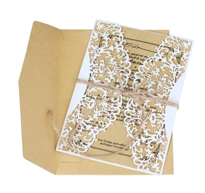 European laser cut kraft paper wedding invitation set with lace design and jute twine bow