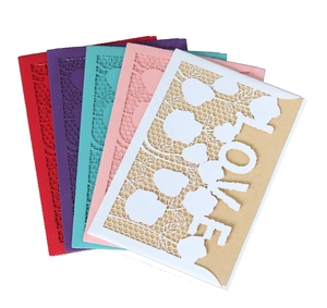 Laser cut LOVE wedding invitation cards with intricate lace patterns in various colors