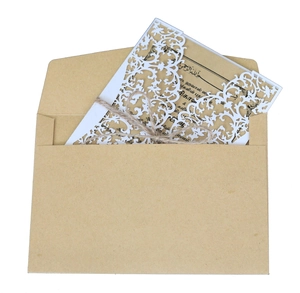 Laser cut lace invitation card with kraft paper envelope and natural hemp rope string