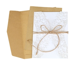 Laser cut floral wedding invitation set with kraft envelope and rustic hemp twine