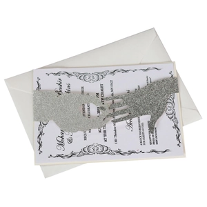 European laser cut wedding invitation set with glitter silver belt and white envelope