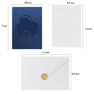Laser cut navy blue wedding invitation set with dimensions 4.9 x 7 inch on white background