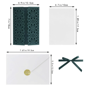 Detailed components of laser cut wedding invitation with green cover and gold seal sticker