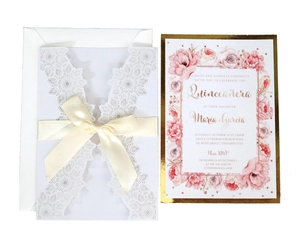 Laser cut lace invitation card set with white ribbon bow and floral inner page