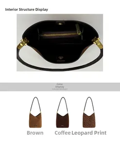 Detail of interior zipper pocket and three leopard print tote bag color options
