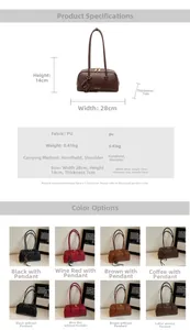 Detailed size chart and multi-color options for retro PU leather boston shoulder bag