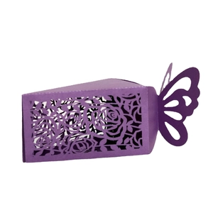 Purple laser-cut hollow wedding candy box with rose patterns and butterfly top ornament