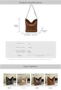Tableau des tailles et vue multicolore du grand sac seau vintage en cuir PU pour femme