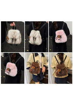 Flauschige Plüschrucksäcke in Weiß, Rosa und Braun mit süßen Puppenanhängern als Detail
