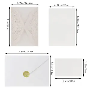 Detailed size specifications for laser-cut lace wedding invitation with metric and imperial units